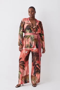 Outlet ⌛ Karen Millen Plus Size Satin Palm Printed Woven Trousers - orange 👍 -Karen Millen Outlet store womens orange plus size satin palm printed woven trousers