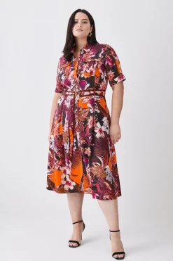 Deals ⌛ Karen Millen Plus Size Tropical Floral Premium Linen Woven 👕 Shirt 👗 Dress - orange 🌟 -Karen Millen Outlet store womens orange plus size tropical floral premium linen woven shirt dress