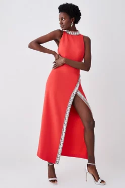Best Pirce 💯 Karen Millen Crystal Embellished Woven Thigh Split Maxi 🔔 -Karen Millen Outlet store womens pink crystal embellished woven thigh split maxi