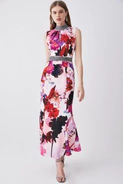 Wholesale ✔️ Karen Millen Diamante Trim Floral Woven Maxi 👗 Dress - pink 😀 -Karen Millen Outlet store womens pink diamante trim floral woven maxi dress