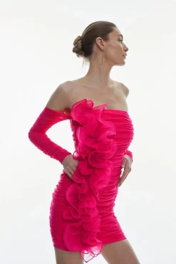 Best Sale 💯 Karen Millen Ponte And Mesh Rouched Organza Frill Bardot Mini 👗 Dress - pink 🔥 -Karen Millen Outlet store womens pink ponte and mesh rouched organza frill bardot mini dress