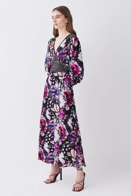 Brand new 🔔 Karen Millen Butterfly Print Plunge Neck Woven Midi 👗 Dress - purple 👍 7 Brand new 🔔 Karen Millen Butterfly Print Plunge Neck Woven Midi 👗 Dress - purple 👍 - Image 5