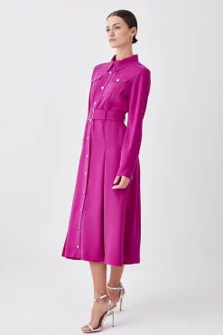 Hot Sale ⭐ Karen Millen Petite Soft Tailored Pleat Panel Sleeved Belted Midi 👗 Dress 😉 -Karen Millen Outlet store womens purple petite soft tailored pleat panel sleeved belted midi dress