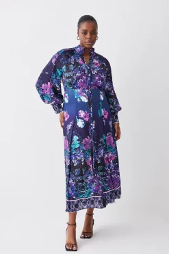 Budget 🌟 Karen Millen Plus Size Boarder Floral Print Satin Woven Midi 👗 Dress - purple 🔥 -Karen Millen Outlet store womens purple plus size boarder floral print satin woven midi dress