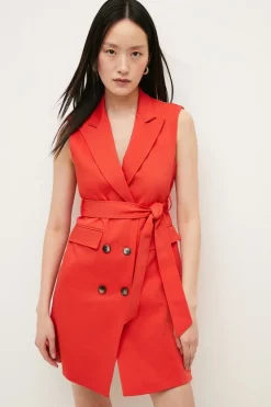 Deals 😍 Karen Millen Cotton Sateen Sleeveless Belted Mini 👗 Dress 🤩 -Karen Millen Outlet store womens red cotton sateen sleeveless belted mini dress