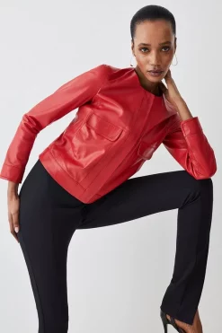 Discount π Karen Millen Leather Collarless Pocket Detail Jacket - red π₯° 15 Discount π Karen Millen Leather Collarless Pocket Detail Jacket - red π₯° -Karen Millen Outlet store womens red leather collarless pocket detail jacket