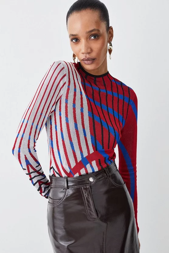 Buy ๐ Karen Millen Slinky Crew Neck Jacquard Abstract Knit Top - red ๐ 8 Buy ๐ Karen Millen Slinky Crew Neck Jacquard Abstract Knit Top - red ๐ - Image 6