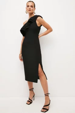 Promo 😉 Karen Millen Structured Crepe One Shoulder Midi 👗 Dress 🎉 -Karen Millen Outlet store womens red structured crepe one shoulder midi dress 1