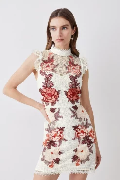 Promo 👏 Karen Millen Rose Guipure Lace Embroidered Mini 👗 Dress ⭐ -Karen Millen Outlet store womens rose rose guipure lace embroidered mini dress