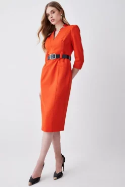 Discount 🎁 Karen Millen Forever Belted Midi Pencil 👗 Dress ✔️ -Karen Millen Outlet store womens rust forever belted midi pencil dress