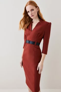 Discount 🎁 Karen Millen Forever Belted Midi Pencil 👗 Dress ✔️ -Karen Millen Outlet store womens rust forever belted midi pencil dress 3