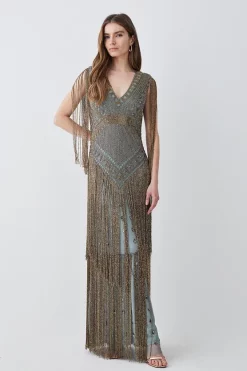 Flash Sale 🔔 Karen Millen Beaded Fringed Woven Maxi 👗 Dress 🎉 -Karen Millen Outlet store womens sage beaded fringed woven maxi dress