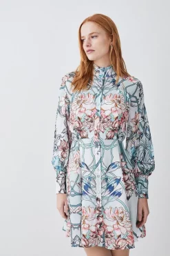 Cheapest ⌛ Karen Millen Mirrored Floral Satin Woven Mini 👗 Dress - sage 🛒 -Karen Millen Outlet store womens sage mirrored floral satin woven mini dress