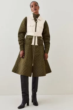 Brand new 🌟 Karen Millen Quilted Contrast Woven Mix Trench 🧥 Coat - stone ❤️ -Karen Millen Outlet store womens stone quilted contrast woven mix trench coat
