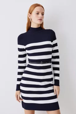 Flash Sale 😍 Karen Millen Tall Stripe Rib Knit Belted Mini 👗 Dress ✨ -Karen Millen Outlet store womens stripe tall stripe rib knit belted mini dress