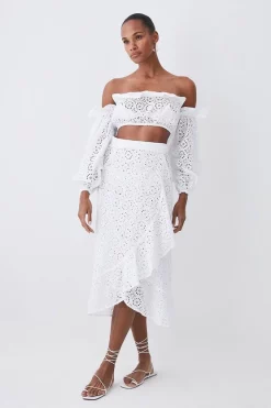 Cheapest ✨ Karen Millen Beach Broderie Wrap Ruffle Midi 👗 Skirt - white ✔️ -Karen Millen Outlet store womens white beach broderie wrap ruffle midi skirt