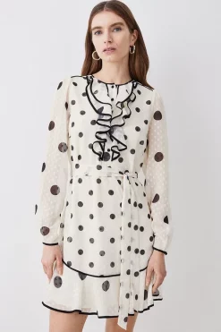 Discount 👍 Karen Millen Mixed Dot Piped Ruffle Belted Mini 👗 Dress - white 🌟 -Karen Millen Outlet store womens white mixed dot piped ruffle belted mini dress