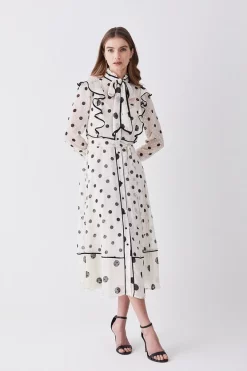 Best deal ⭐ Karen Millen Mixed Dot Piped Ruffle Georgette Midi 👗 Dress - white ✨ -Karen Millen Outlet store womens white mixed dot piped ruffle georgette midi dress