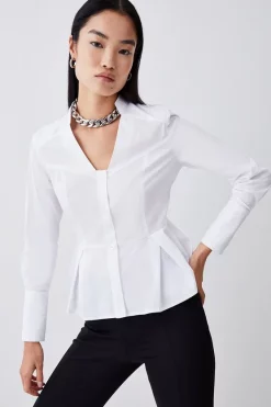 Deals ✨ Karen Millen Peplum Hem V Neck Tailored 👚 Shirt - white ✔️ -Karen Millen Outlet store womens white peplum hem v neck tailored shirt